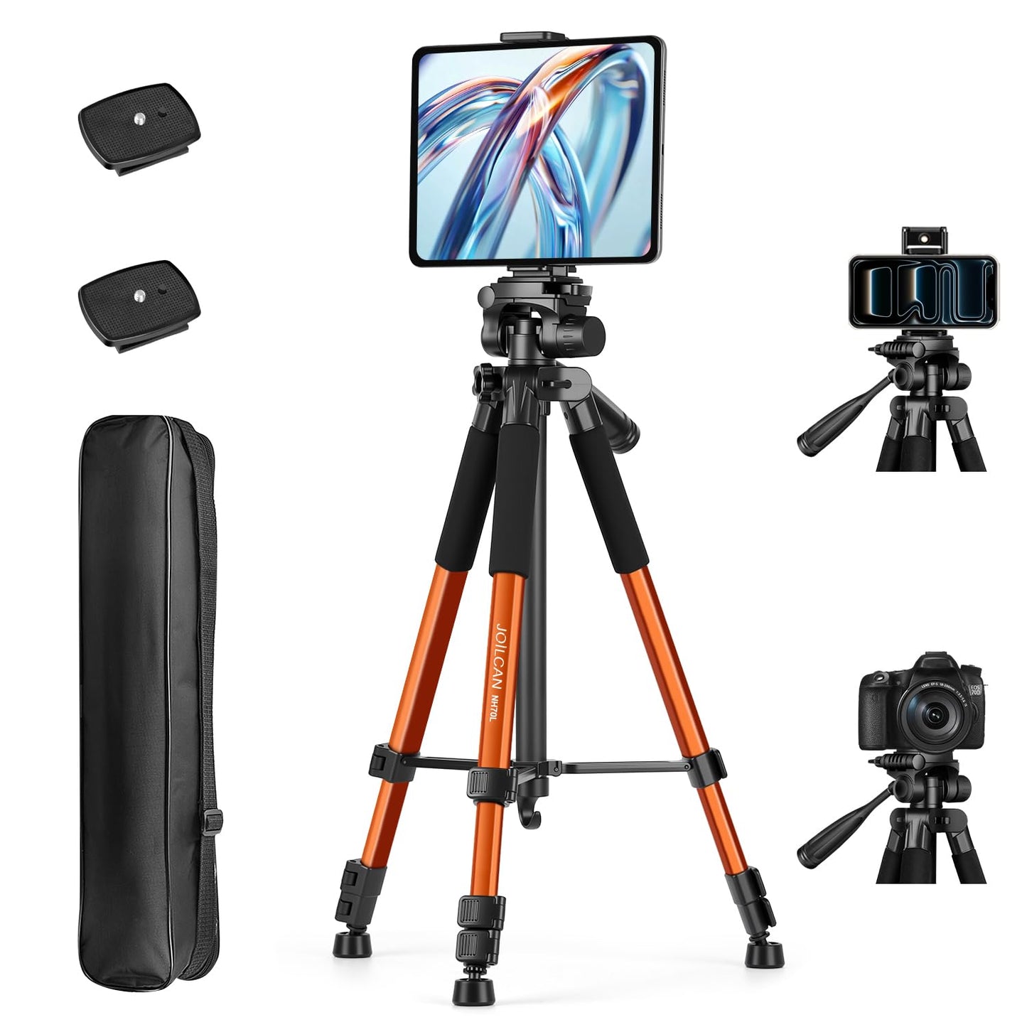 JOILCAN 67" Phone iPad Tripod, Professional Camera Tripod Stand for Tablet iPhone with 2-in-1 Holder & Carry Bag, Extendable Travel Tripod