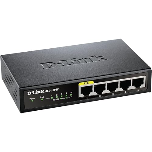 D-Link Ethernet PoE Switch, 5 Port Unmanaged with 4 PoE Ports Fanless Desktop or Wall Mount Plug and Play (DES-1005P), Black