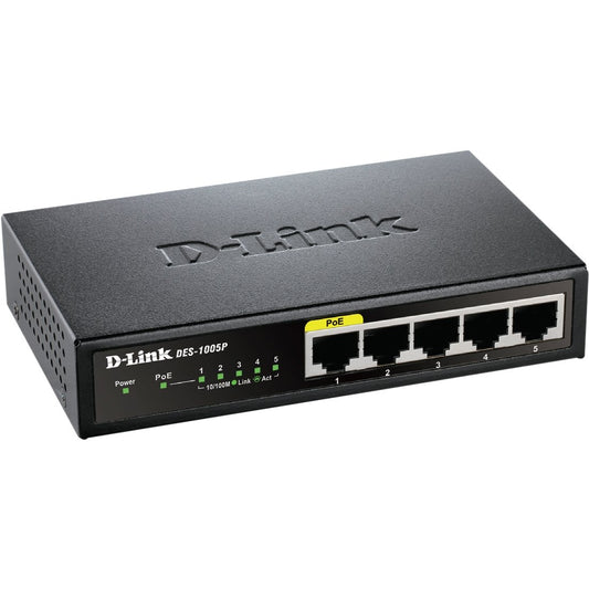 D-Link Ethernet PoE Switch, 5 Port Unmanaged with 4 PoE Ports Fanless Desktop or Wall Mount Plug and Play (DES-1005P), Black