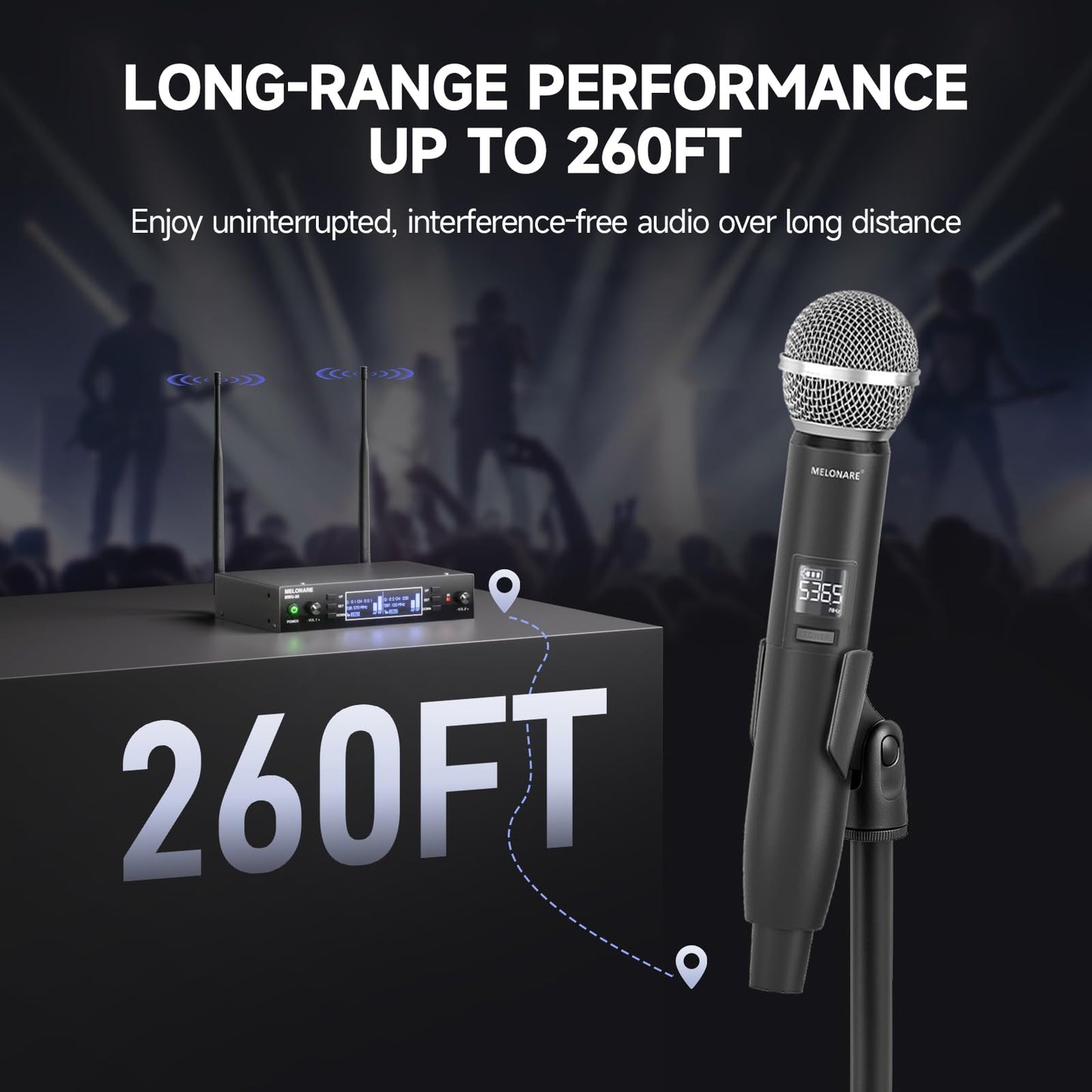 Dual Channel Wireless Microphone System, MELONARE Auto-Scan Professional Cordless Dynamic Mic Set, 260ft Range, 2x100 UHF Metal Wireless Mic for