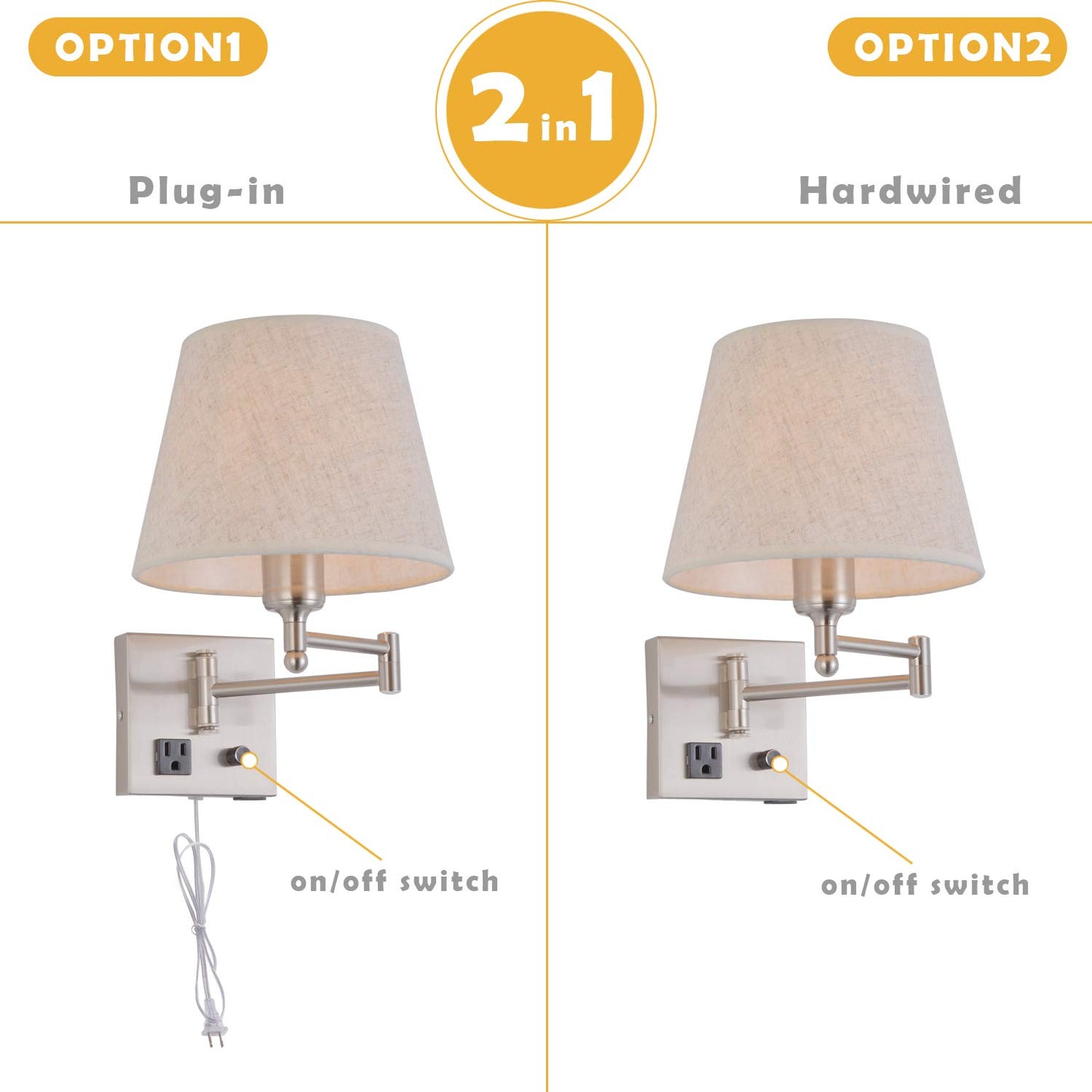 Bedside Wall Mount Light with Dimmable Switch and Outlet, Swing Arm Fabric Shade Wall Sconce Light with USB Port and Plug in Cord, Satin Nickel Wall