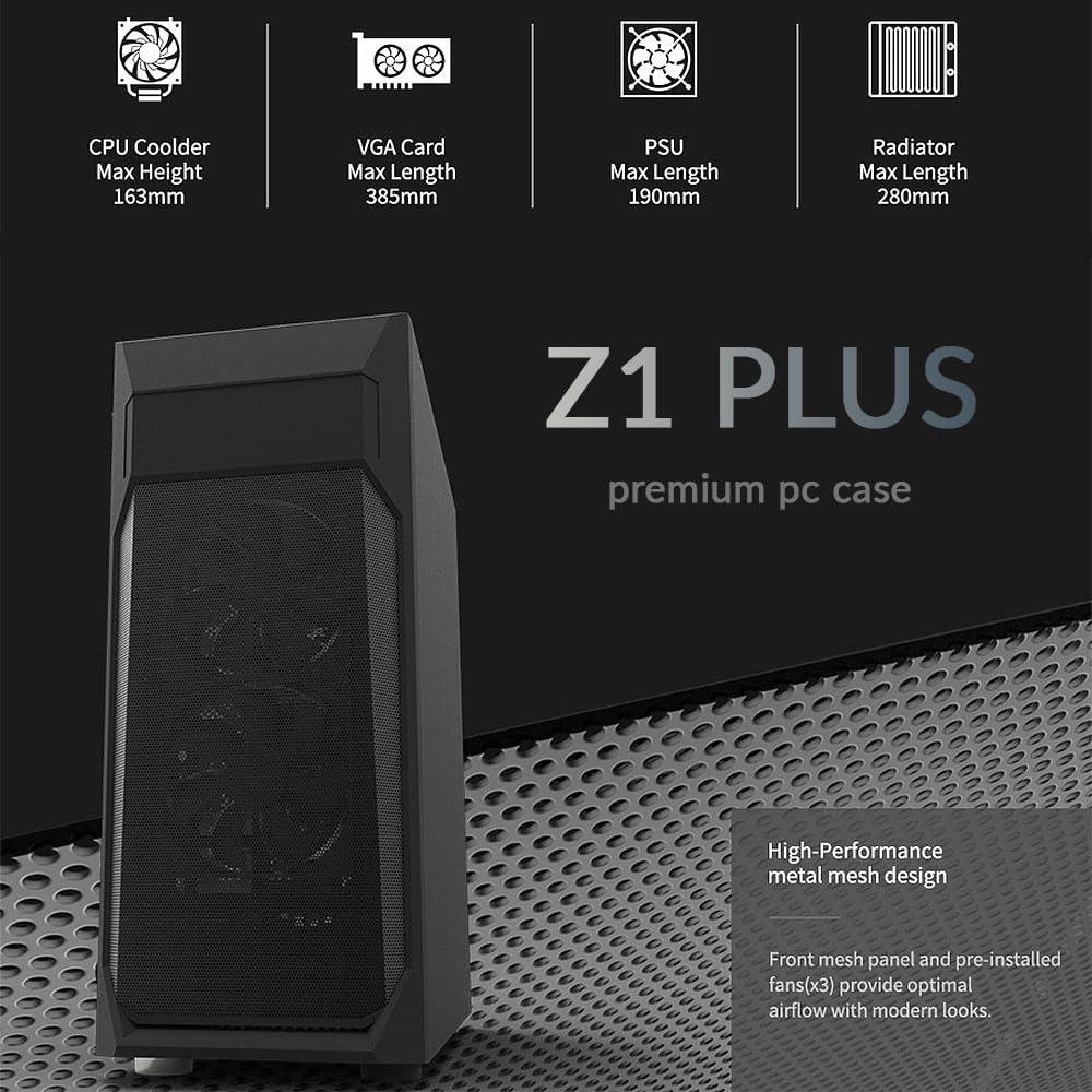 Zalman Z1 Plus ATX Mid-Tower PC Case - Tempered Glass Side Panel - 3 x 120mm Fans Pre-Installed - 5.25" ODD Support - USB 3.0 - Desktop Computer