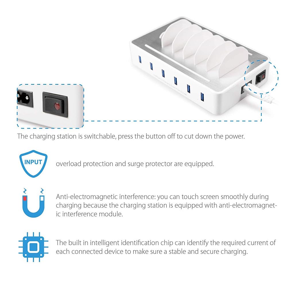 Charging Station for Multiple Devices,50W 6 USB Ports Family Charger Compatible with Apple iPhone iPad and Android Phone and Tablet