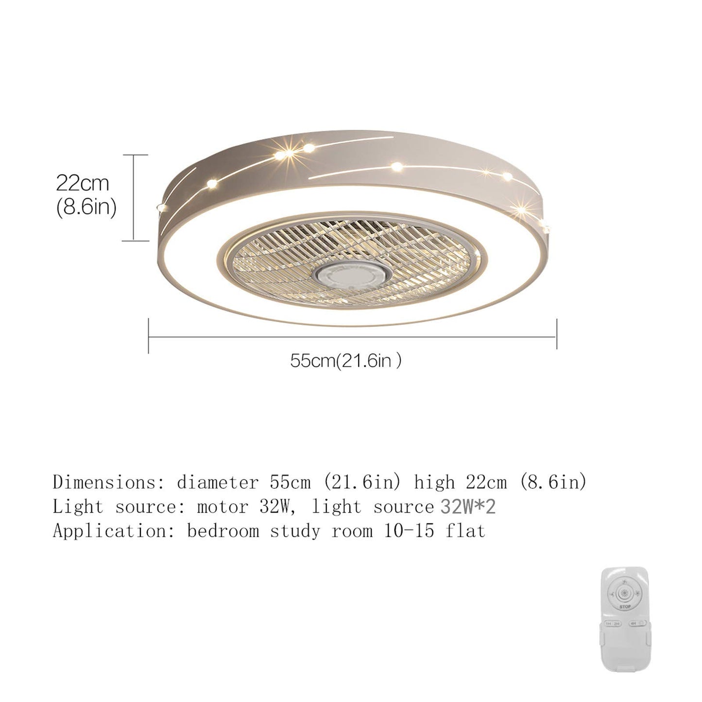 Ceiling Fan with Light, 21.6" Enclosed Fan,3 Colors 3 Speeds, Invisible Acrylic Blades Metal Shell Modern LED Semi Flush Mount Low Profile Fan