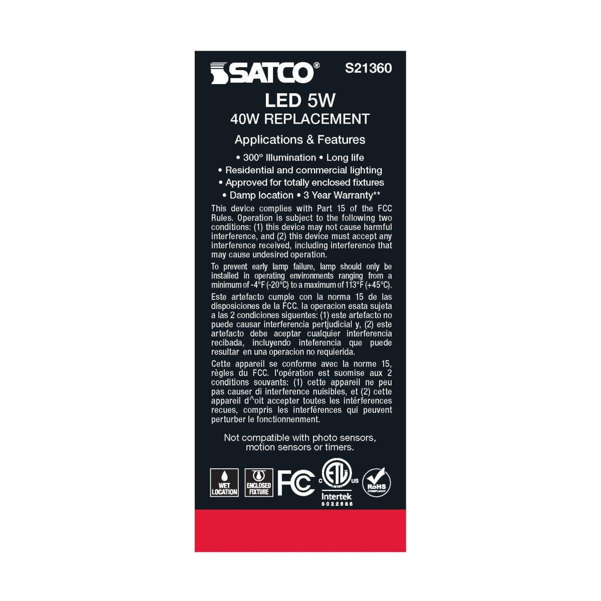 Satco S21360 5-Watt ST19 LED Filament Light Bulbs, Clear, 2700K Warm White, 425 Lumen, Dimmable, E26 Medium Base, Dimmable, Wet Location, 6 Pack