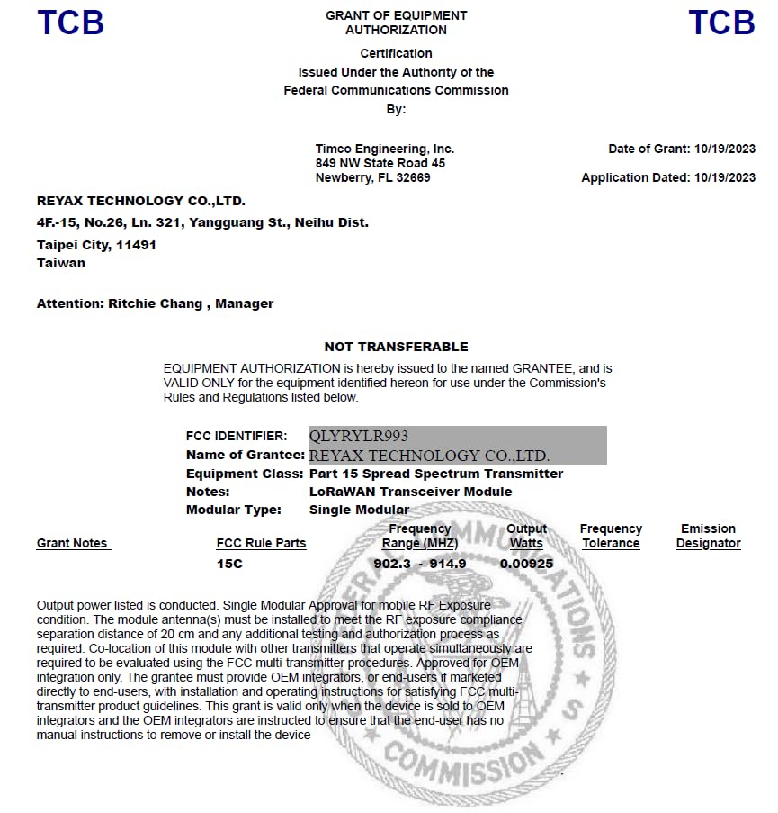 REYAX RYLR993_lite RYLR993 868/915MHz LoRaWAN® & Proprietary Dual mode Transceiver antenna module long distance! FCC CE MIC NCC Certification