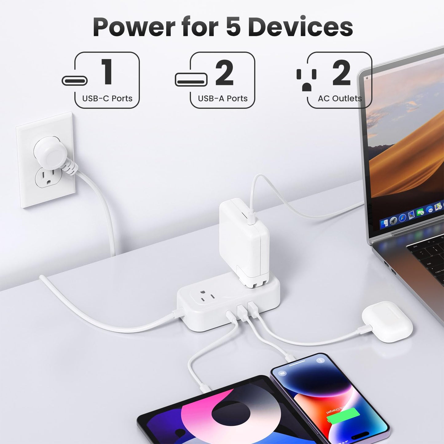 Outlet Extender Stick?Surge Protector Power Strip 5 Outlets 3 USB (1 USB C) Charging Ports Multi Plug Socket Extender Flat Plug Wall Mount Desktop