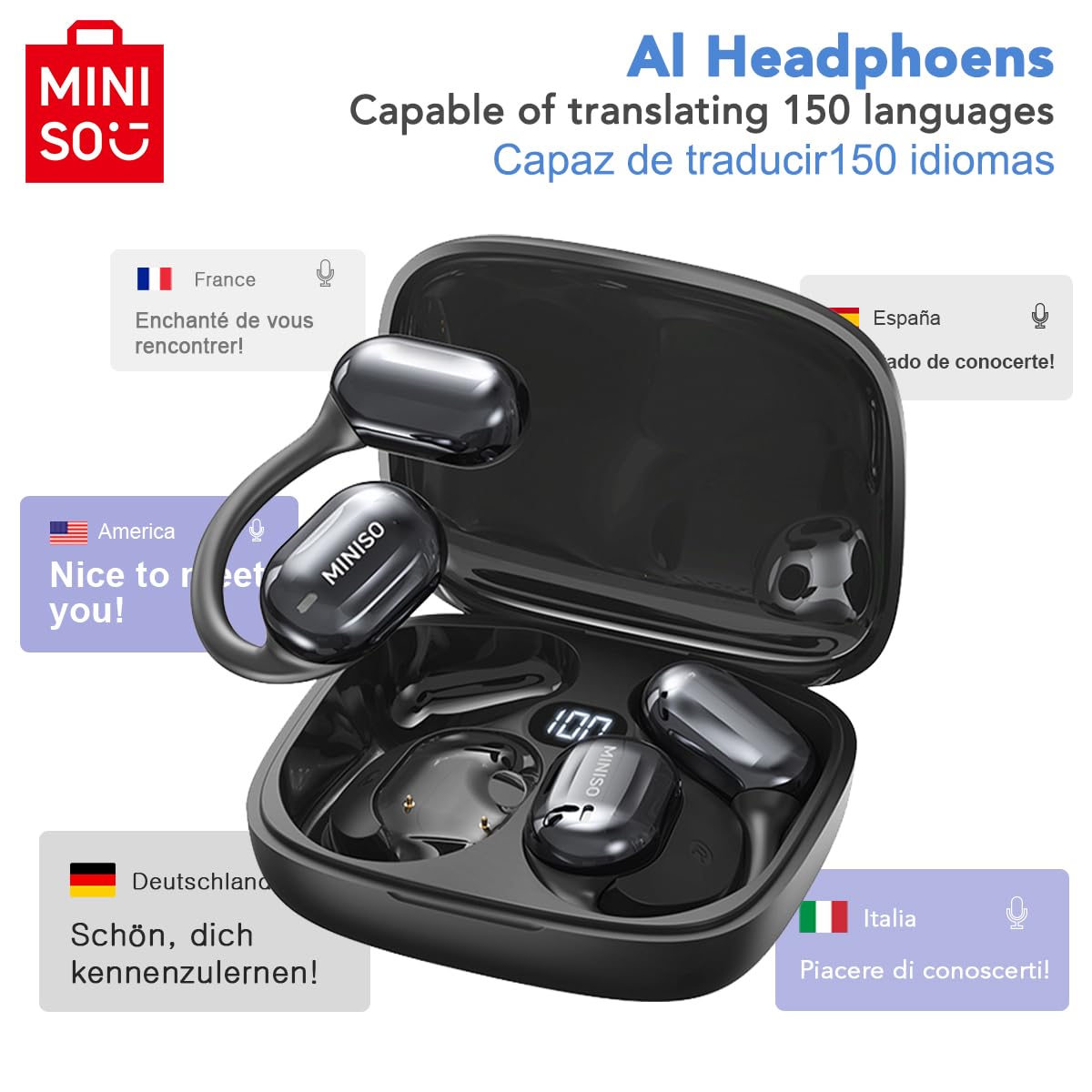 MINISO MS162 Translation Earbuds Real Time OWS Open Ear AI Translator Wireless Bluetooth Earphones Support 150 Languages Translator Earbuds Bluetooth…
