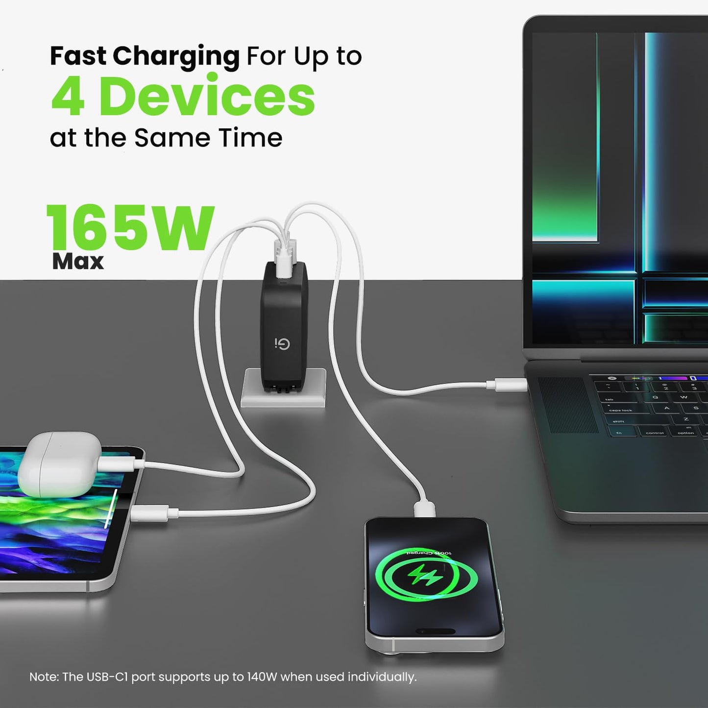 GEARit 165W USB C Charger Block - Fast Charging 4-Port GaN Wall Charger with PD 3.1 & PPS for Apple, Samsung, Dell XPS, MacBook Air/Pro, iPhone, iPad