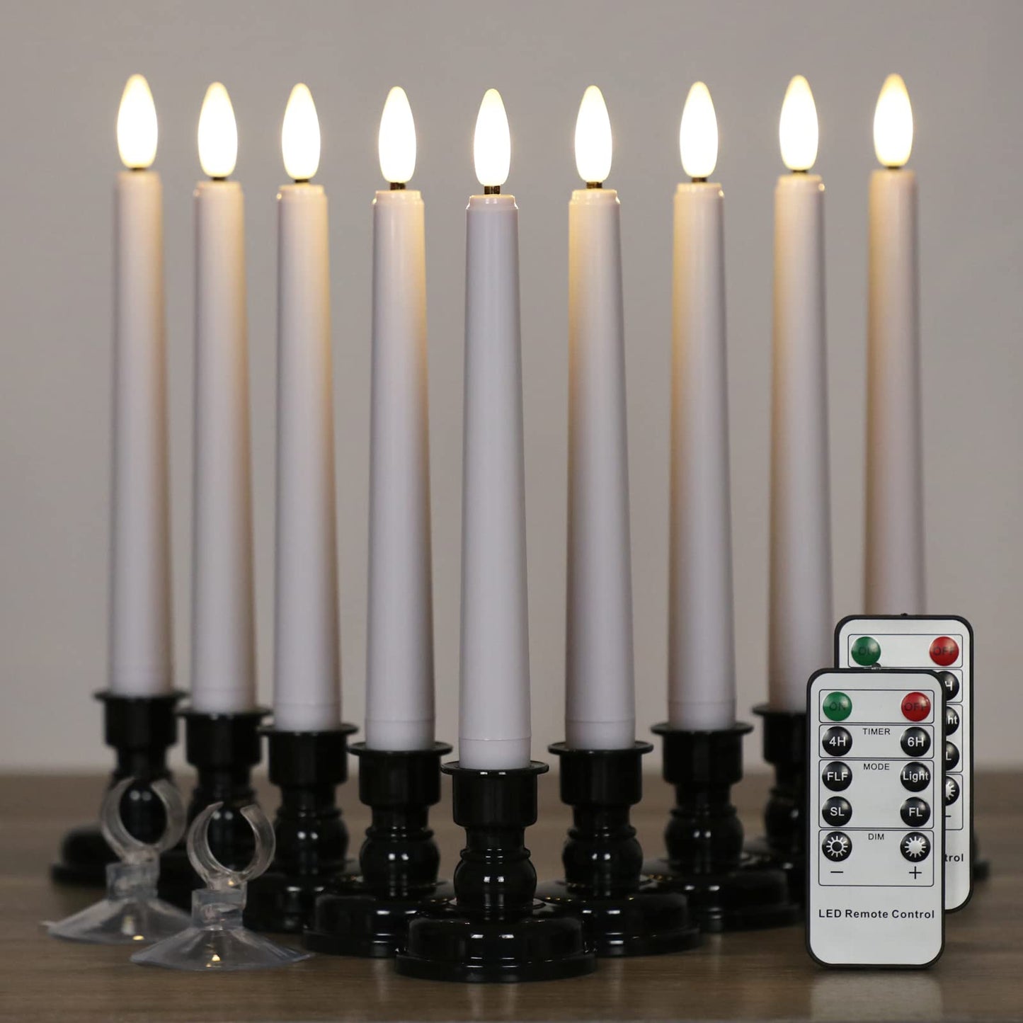 OWLBAY 9 Pack 3D Wick Flameless Window Candles with Remote & Timer, 8”H Battery Operated LED Taper Candles, Warm White Flame Flickering Light, Ideal