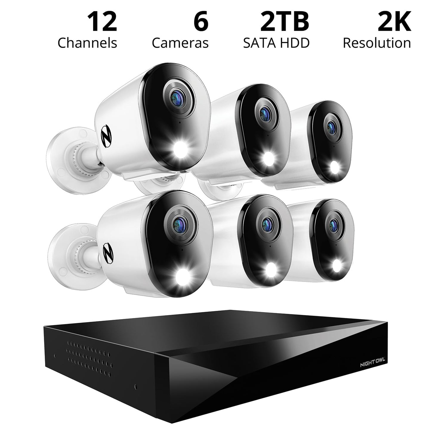 Night Owl 2-Way Audio 12 Channel DVR Video Home Security Camera System with (6) Wired 2K HD Indoor/Outdoor Deterrence Cameras and 2TB Hard Drive (Add