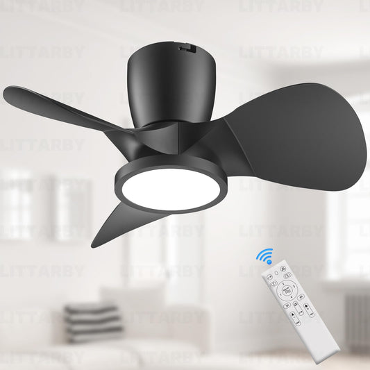 Ceiling Fans with Lights and Remote, 30 Inch Reversible Black Modern Dimmable 3CCT Flush Mount Ceiling Fans, Small Low Profile Ceiling Fan with Light