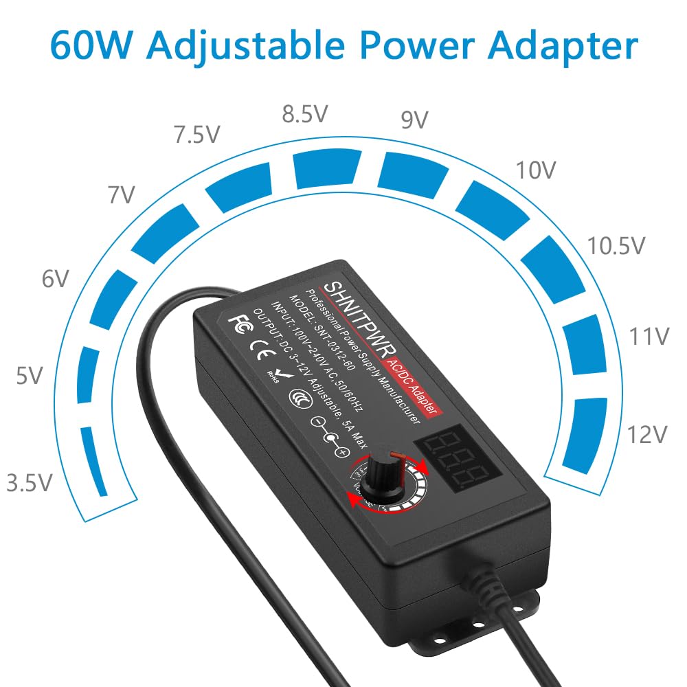 SHNITPWR 60W Universal Power Supply DC 3V 4V 4.5V 5V 6V 7V 7.5V 8V 9V 10V 11V 12V Adjustable Variable Power Adapter 100V-240V AC to DC Converter 1A…