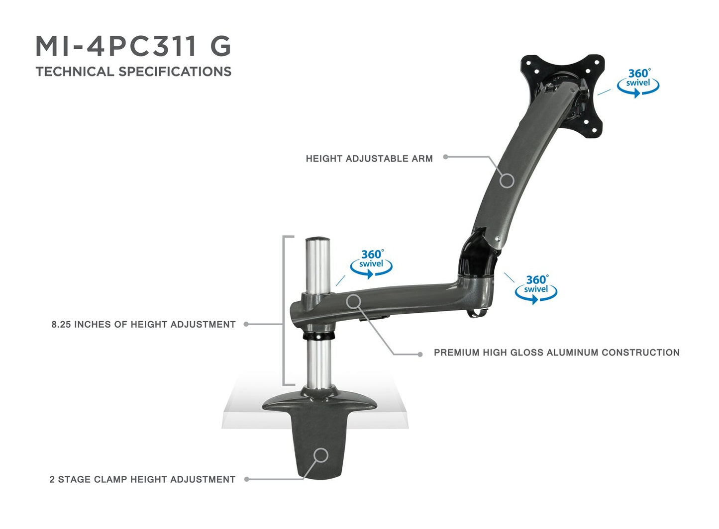 Mount-It! MI-4PC311G Universal Monitor Desk Mount for LCD LED Computer Screens 30” MAX, Full Motion Articulating Arm, Dark Gray