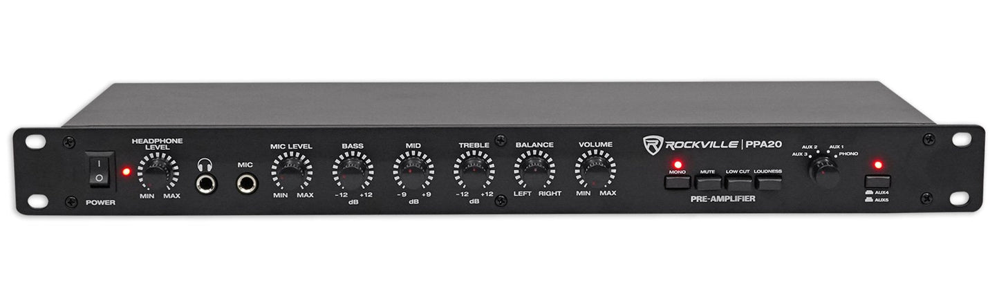 Rockville PPA20 Preamp 11V 1U Rack Mount Professional Pre-Amplifier, Phono Input, XLR Outputs, 3-Band EQ, for Home Audio and Studio Recording