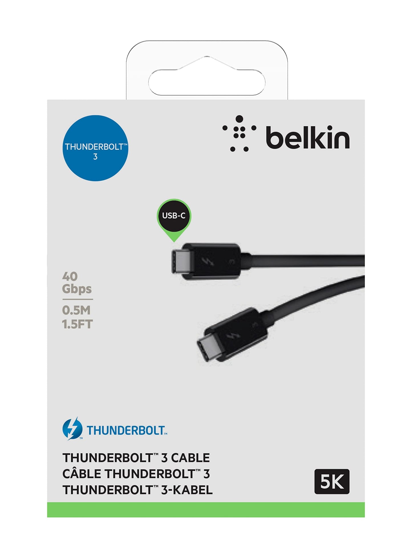 Belkin Thunderbolt 3 Cable (USB-C to USB-C), 100 Watts (1.6 Feet/ 0.5 Meters) - F2CD084bt0.5MBK, black
