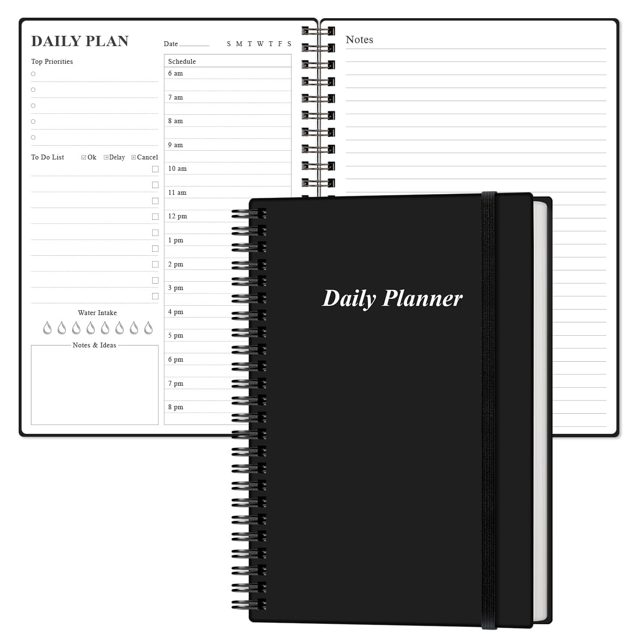Daily Planner Undated - A5 To Do List Notebook Hourly Schedules, Spiral Appointment Planner for Women and Men, PVC Hardcover, Inner Pocket, Elastic