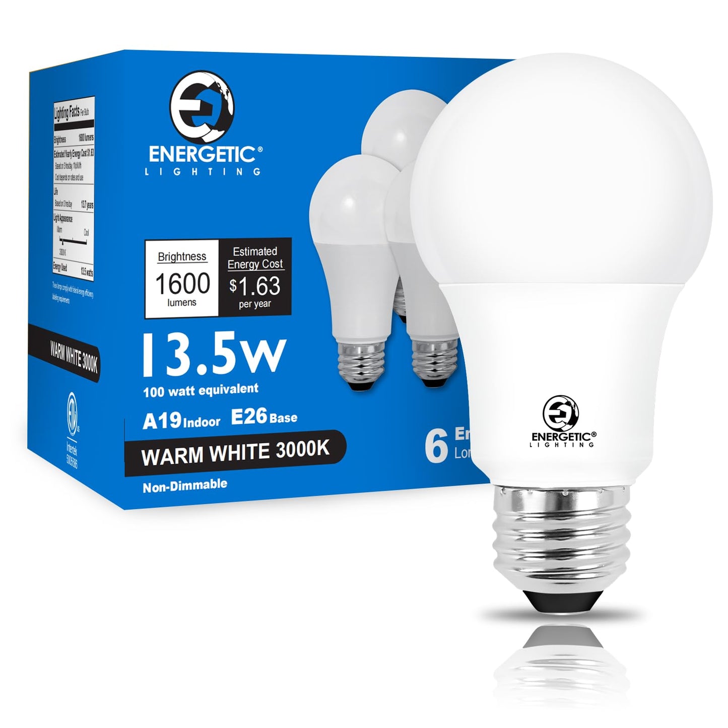 E ENERGETIC LIGHTING LED Light Bulbs 100 Watt Equivalent, Warm White 3000K, 1600LM Super Bright, Non-Dimmable A19 LED Light Bulbs, E26 Standard Base