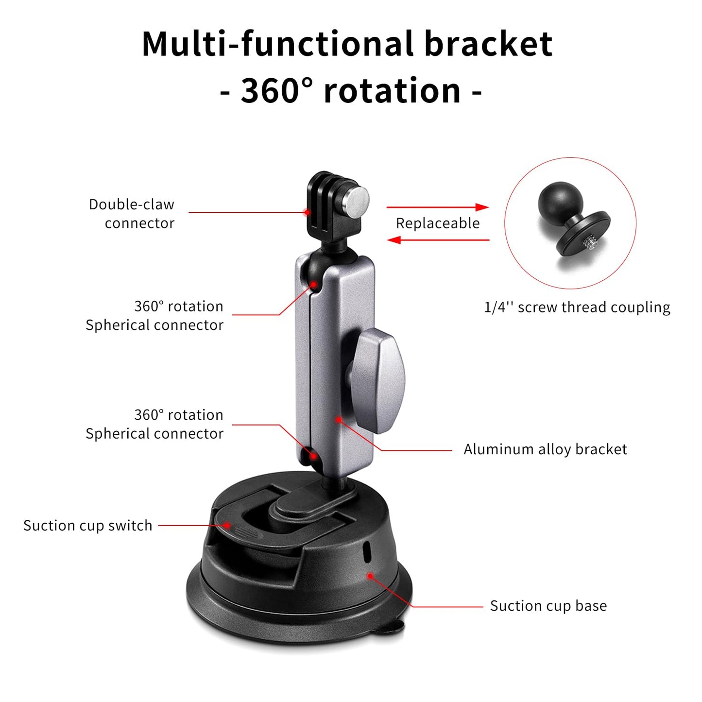 Action 6 Suction Cup Mount Bracket, for DJI Osmo Action 5 Pro, for Insta360 X3, for GoPro Hero 13 12 11/10/9 Accessories, with 1/4"-20 Standard Thread