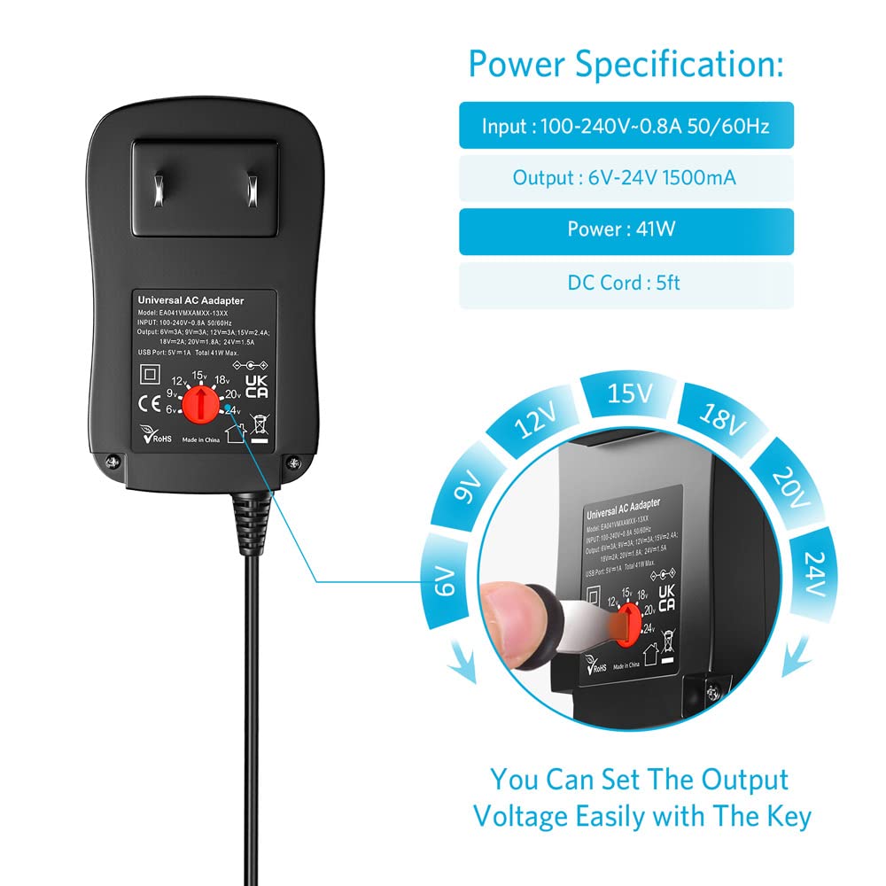 Belker 41W Universal 6V 9V 12V 15V 18V 20V 24V AC DC Adapter Power Supply for Household Electronics Router Smart Phone Mp3 Tablets CCTV Cameras…