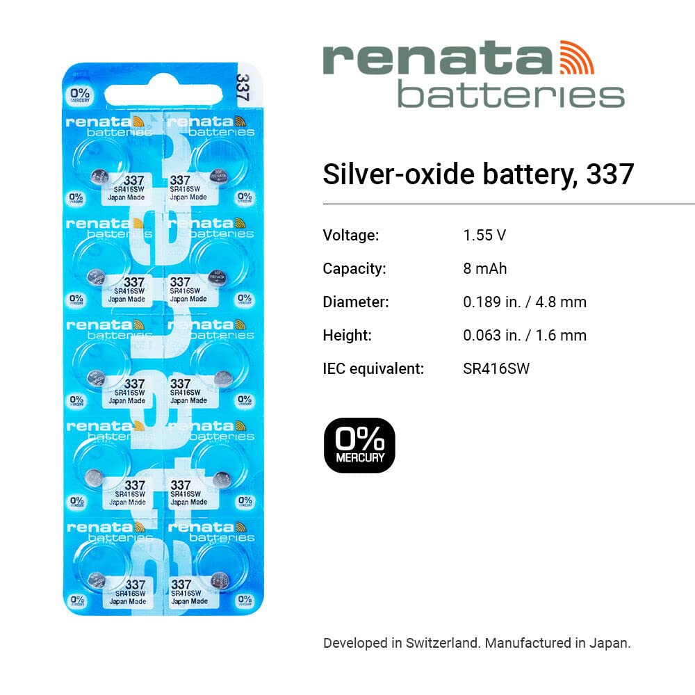 Renata 337 SR416SW Batteries - 1.55V Silver Oxide 337 Watch Battery (10 Count)