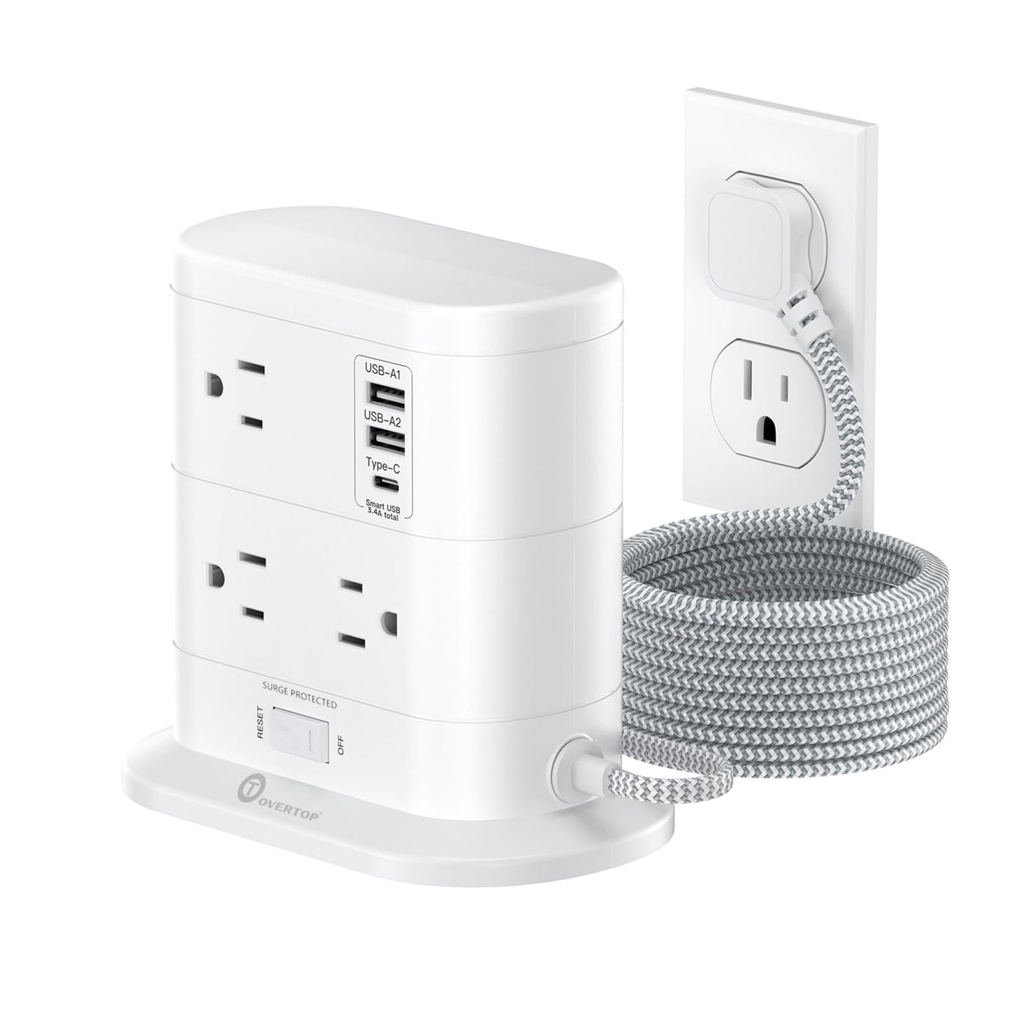 Overtop Tower Power Strip with Surge Protection, Nightlight Flat Plug Power Strip with 7 AC Outlets 3 USB Ports, 1625W/13A 1600J, 6.5Ft Extension Cord