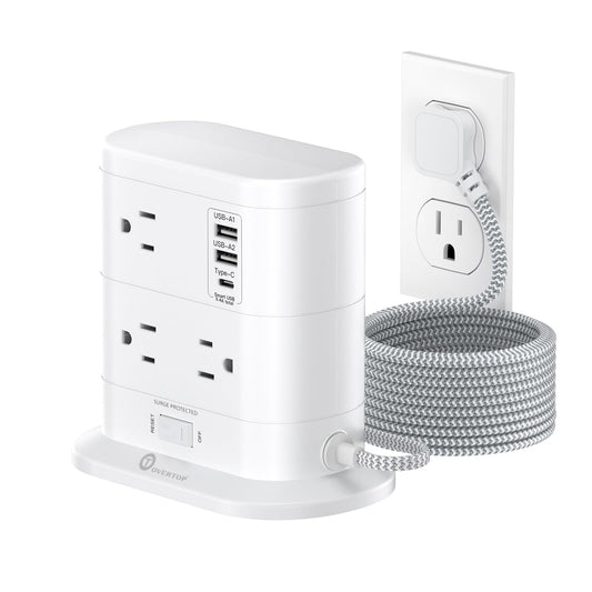 Overtop Tower Power Strip with Surge Protection, Nightlight Flat Plug Power Strip with 7 AC Outlets 3 USB Ports, 1625W/13A 1600J, 6.5Ft Extension Cord
