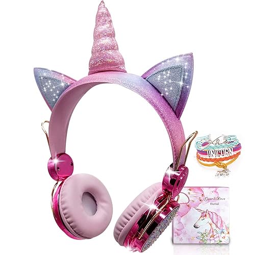TCJJ Sparkly Unicorn Headphones for Girls, 85dB Safe Volume Limit, Wireless & 3.5mm Wired Headset with Mic, Adjustable Headband, Fast Charging…