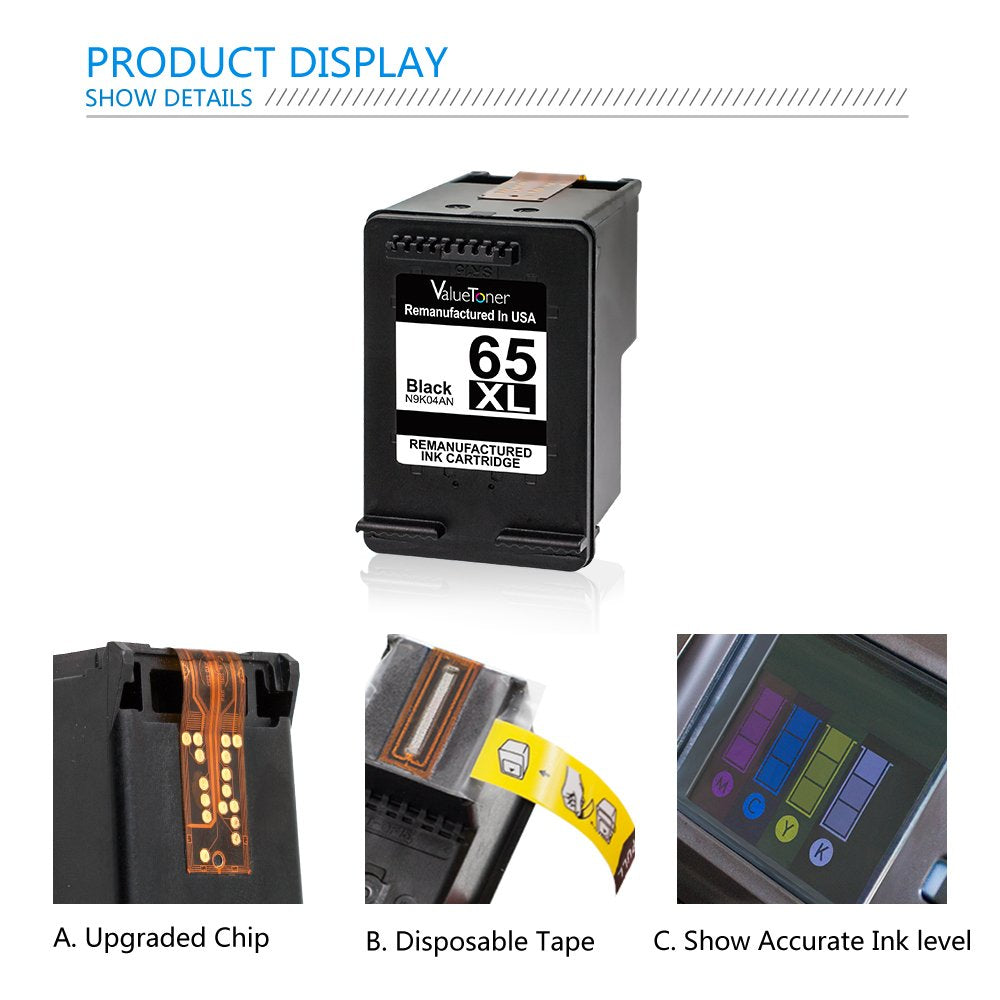 Valuetoner HP Deskjet 3755 Remanufactured Ink Cartridge Replacement for HP 65 XL/65XL High Yield, Compatible with 3720/3721/3730/3732/3752/3758