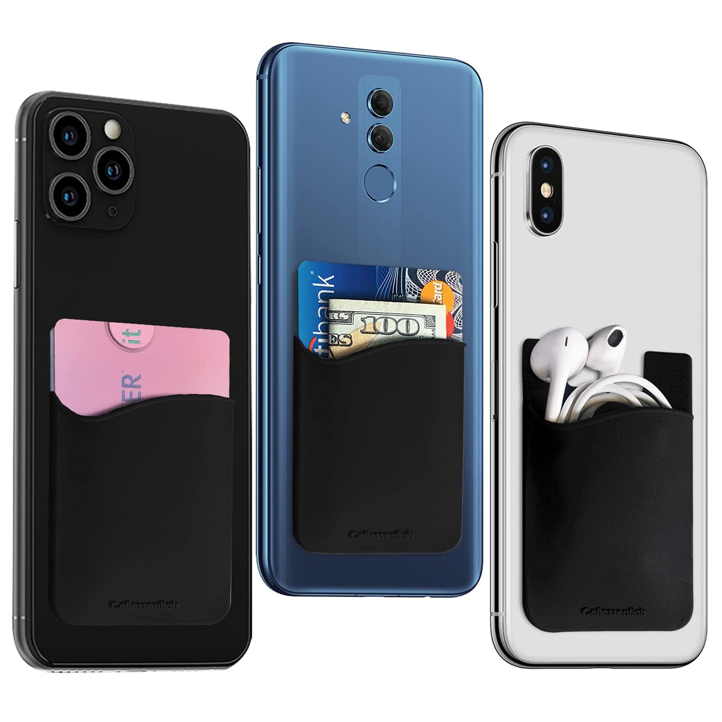 Cellessentials USA Merchant Redesigned Card Holder - Silicone Stick on Cell Phone Wallet with Pocket for Credit Card ID Business Card - iPhone Android
