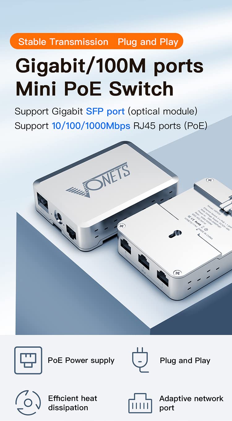 VONETS Industrial PoE Gigabit Switch Gigabit Ethernet Network Switch Ethernet RJ45 Splitter Plug&Play 10/100/1000M 5 Ports Metal Design Universal