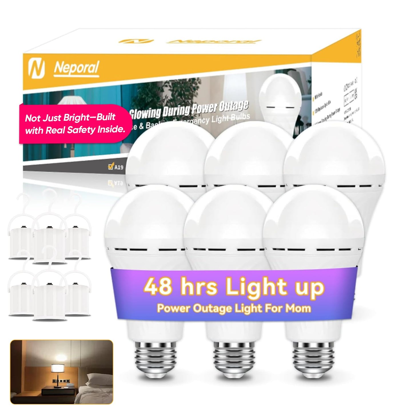 Neporal LITE Emergency Rechargeable Light Bulbs A19, Light Up to 48 hrs, Battery Operated Light Bulb, 5000K E26 LED Bulb, Emergency Lights for Home