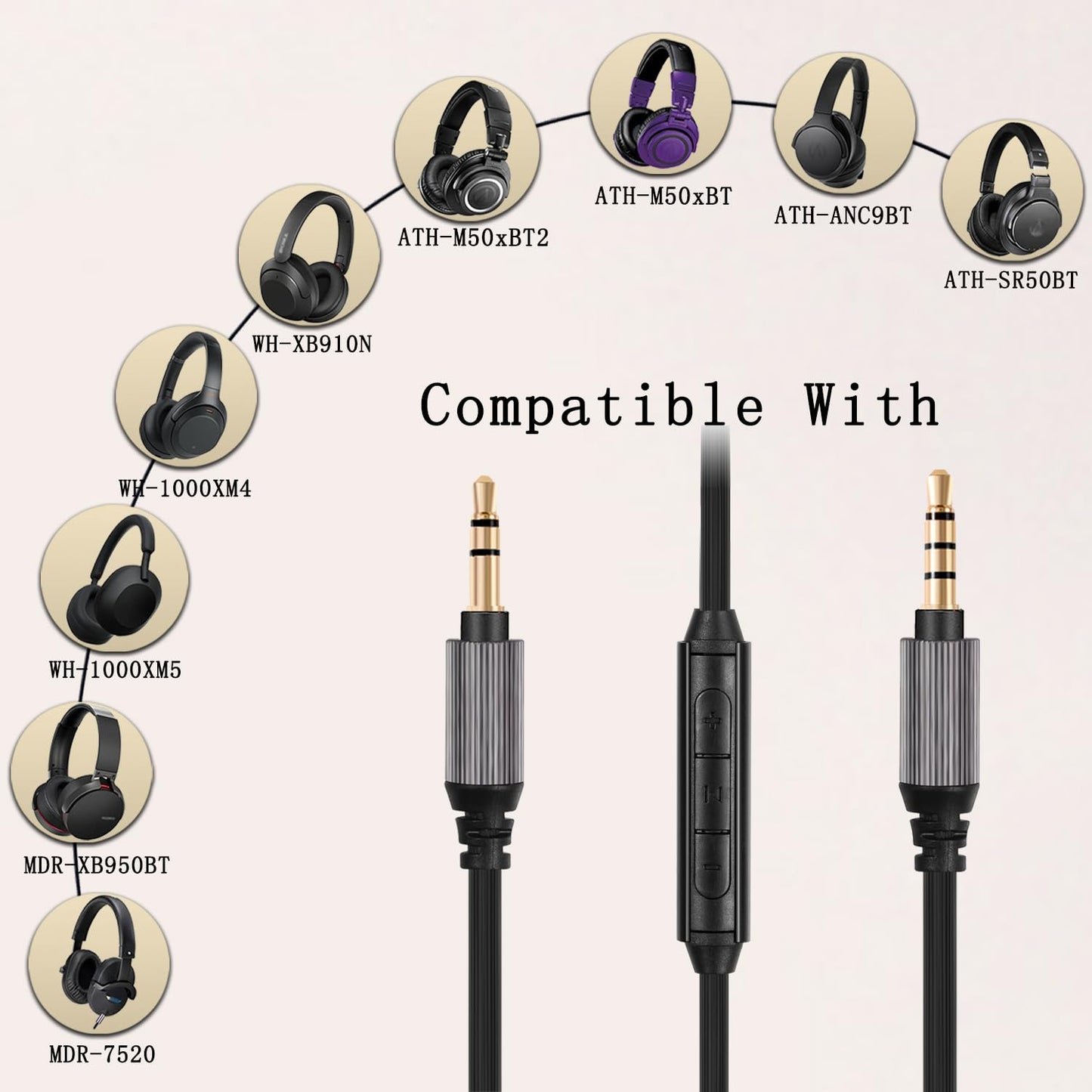 FAAEAL WH-1000XM5 Audio Cable Compatible with Sony WH-1000XM4/XM3 MDR-1AM2 Technica ATH-M50xBT ATH-ANC7B Headphones,in-line mic Control Extension Aux…