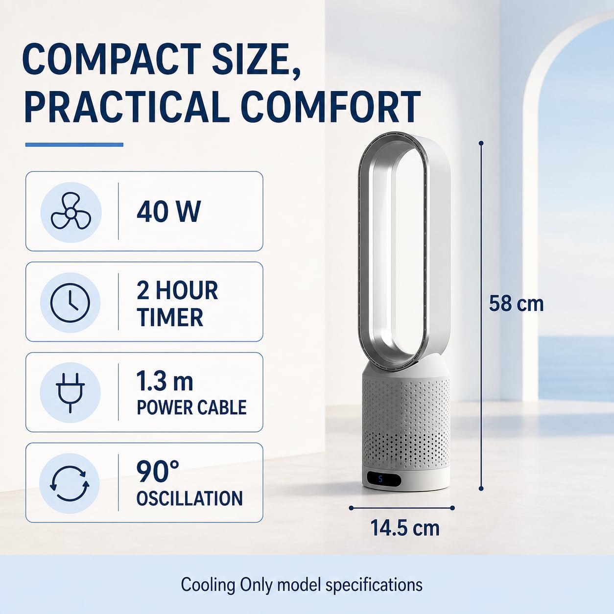 HQYJ Bladeless Cooling Fan, Remote, 8 Speeds, 90° Oscillating, Blue
