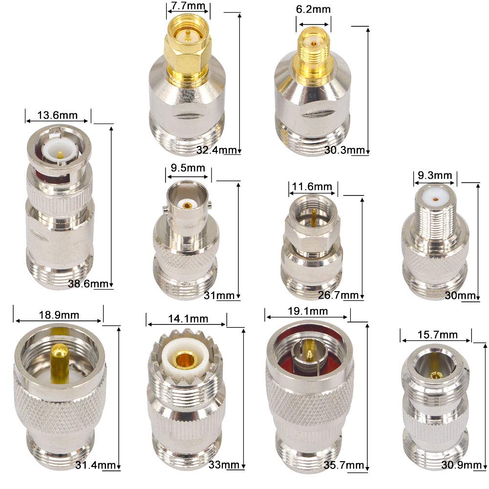 Kaunosta 10-Piece N-Type Adapter Kit,50 Ohm RF Adapter Kit, N-Female to F/BNC/SMA/UHF/N Male & Female Coax Set for Ham Radio, Uniden Scanner, SWR