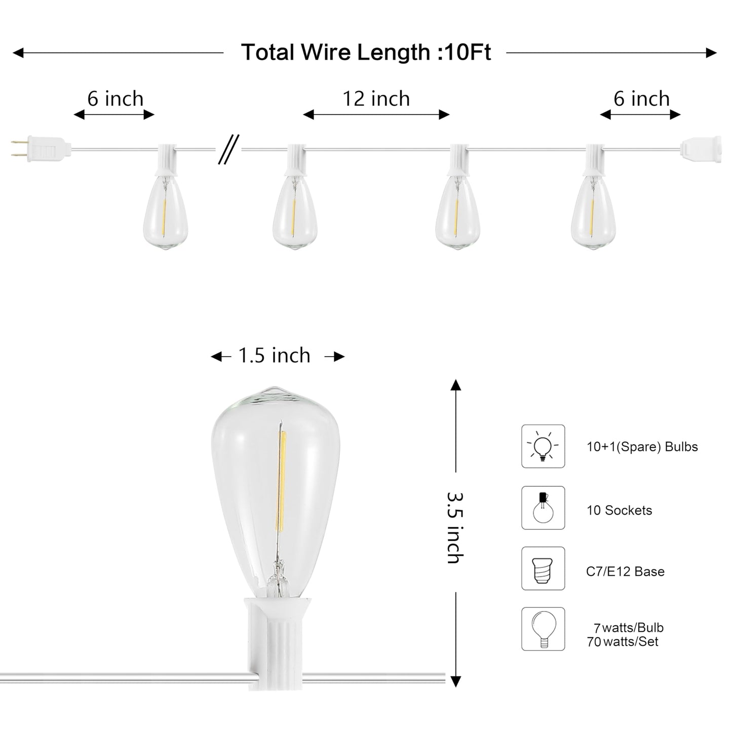 JONATHAN Y 10' White - LED 10-Light Indoor/Outdoor String Lights, Half-Chrome Bulbs, Rustic Industrial Edison Lights for Patio Deck Backyard Wedding