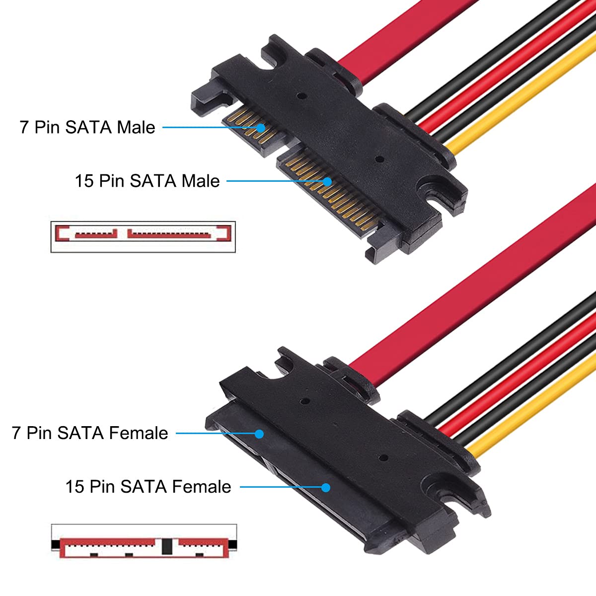 DKARDU 4 Pack 22-pin (7+15) SATA Data and Power Combo Extension Cable, 22-pin (7+15) Sata Male to Female Hard Drive Cable for HDD SDD Optical Drive