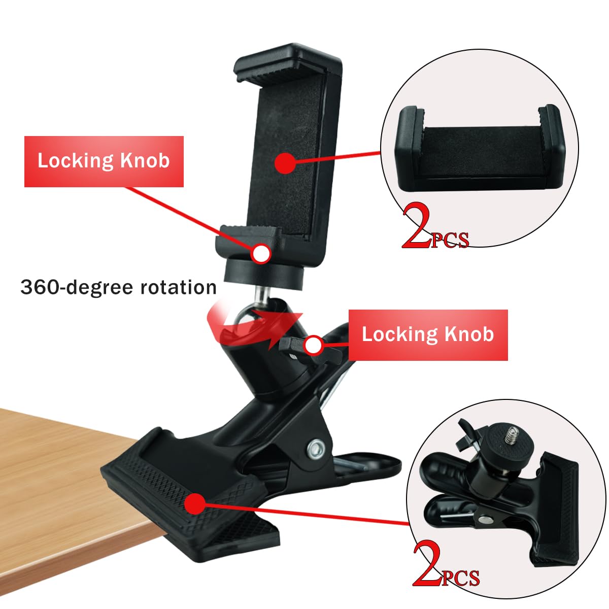 Mobile Phone Mount Holder 360 Degree Rotation Head Phone Clamp for Guitar 1/4-inch Mount 2 Pieces Black