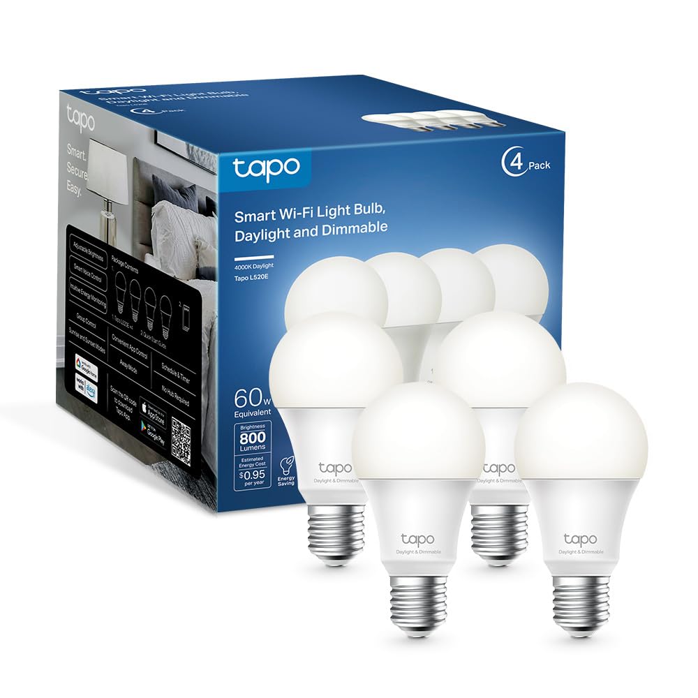 TP-Link Tapo Smart Light Bulbs - Natural Daylight, Dimmable, Compatible w/Alexa and Google Home, A60 Bulb/E27 Base, 60W Equivalent, 800LM CRI>90