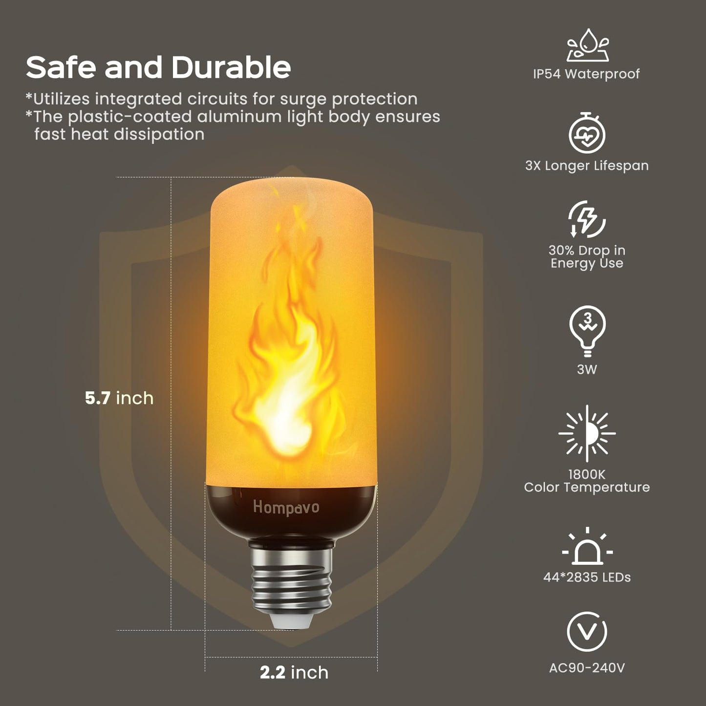 Hompavo Gen2 LED Flame Light Bulbs, Like Real Fire 4-Mode Flickering Light Bulbs with Upside Down Effect, E26 Flame Bulb for Halloween Christmas Party
