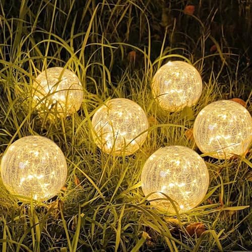 SyouHome Solar Garden Lights Outdoor Waterproof, 6 Pack LEDs Cracked Glass Ball Light, Ground Landscape Garden Decor, Solar Globe Decorative