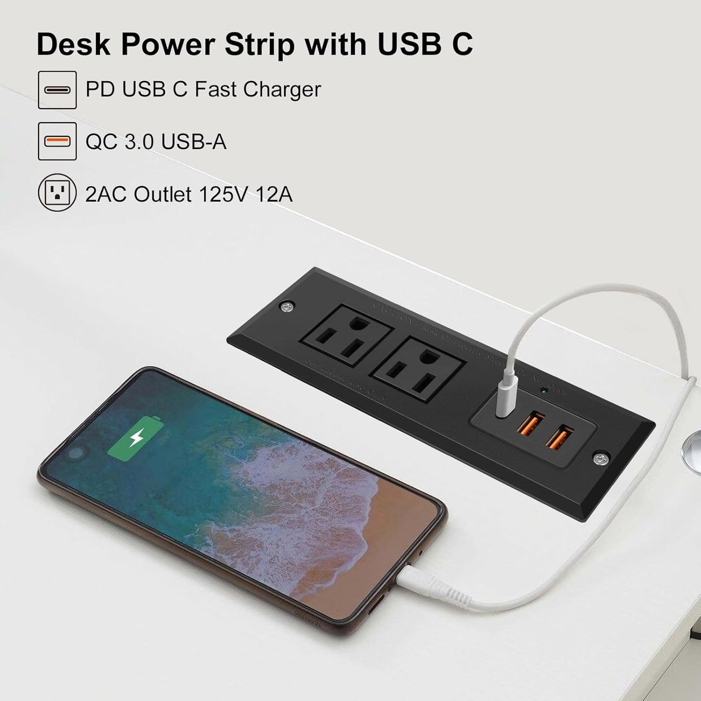Recessed Power Strip with 20W USB-C Desktop Charge Station with 3 Fast Charging USB Ports Flush Mount Furniture Outlet for Conference Table Nightstand