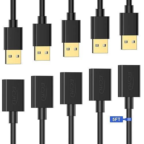 USB Extender Cord 5FT(5 Pack), USB 2.0 Extension Cable, USB A Male to Female, Compatible for USB Flash Drive, Hard Drive, Card Reader, Webcam