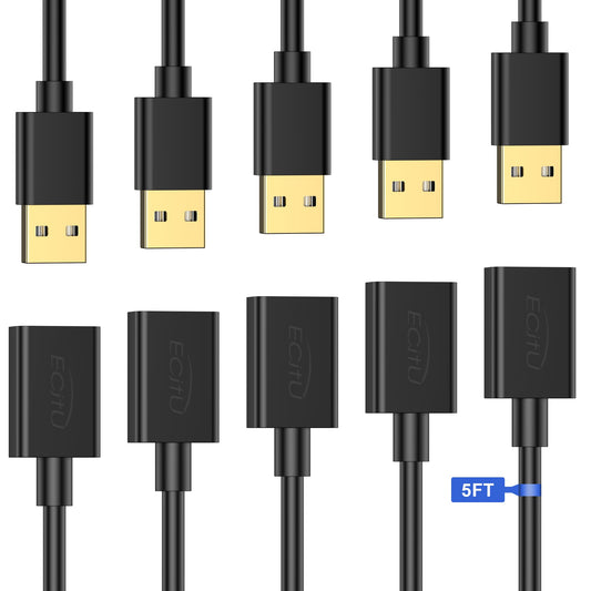 USB Extender Cord 5FT(5 Pack), USB 2.0 Extension Cable, USB A Male to Female, Compatible for USB Flash Drive, Hard Drive, Card Reader, Webcam