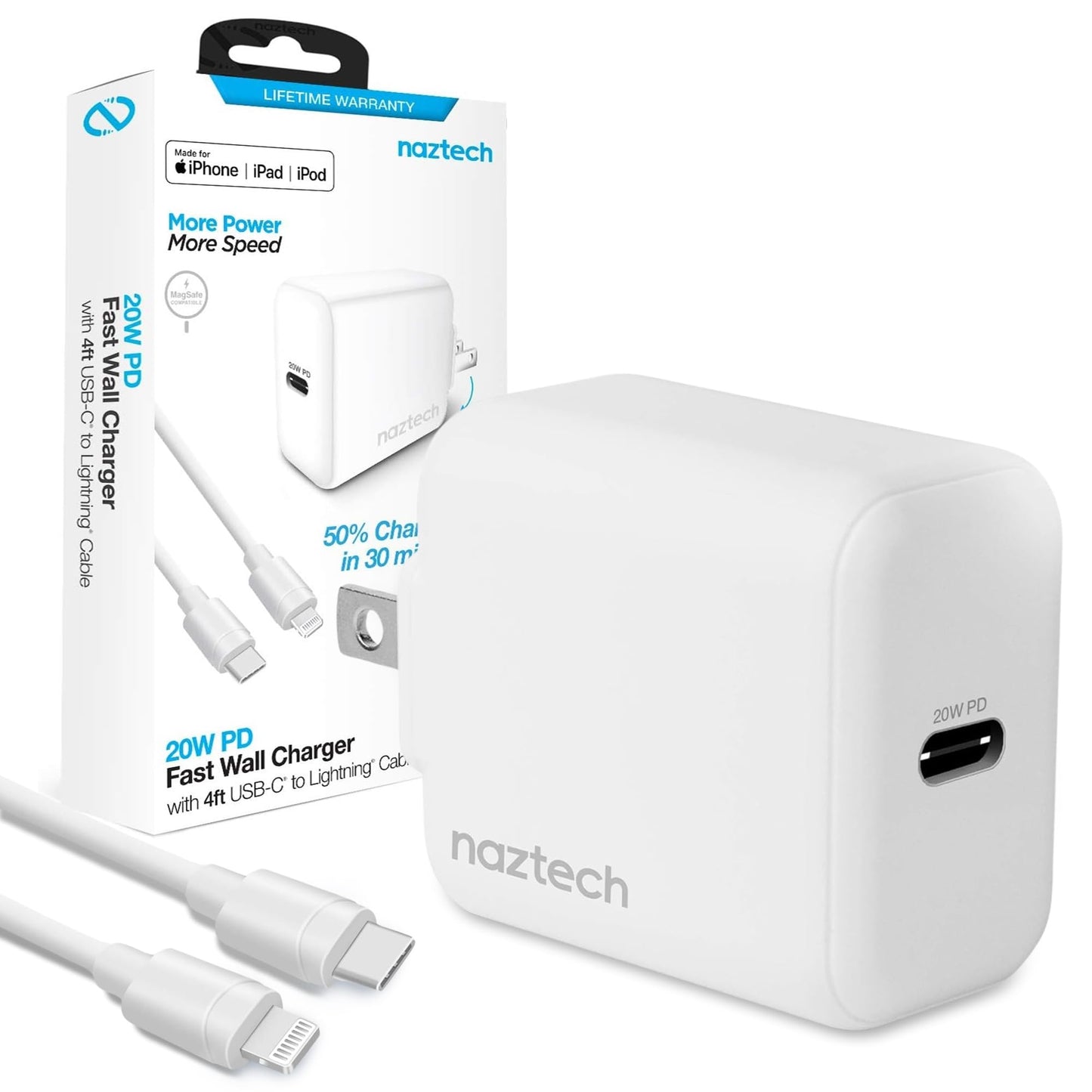 Naztech 20W Lightning Charger iPhone 14 Charger Fast Charging Block w/ 4ft USB-C to Lightning Cable Quick Rapid Charging for iPhone 11, 12, 13 14 Pro