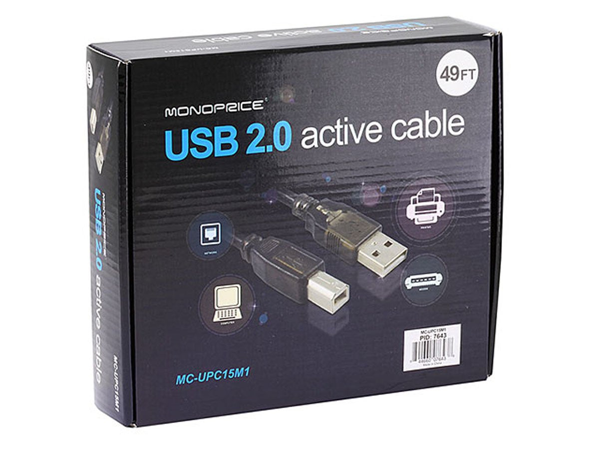 Monoprice USB 2.0 Extension Cable - USB Type-A to USB Type-B, Male to Male, Active, 28/24AWG, 49 Feet, Black