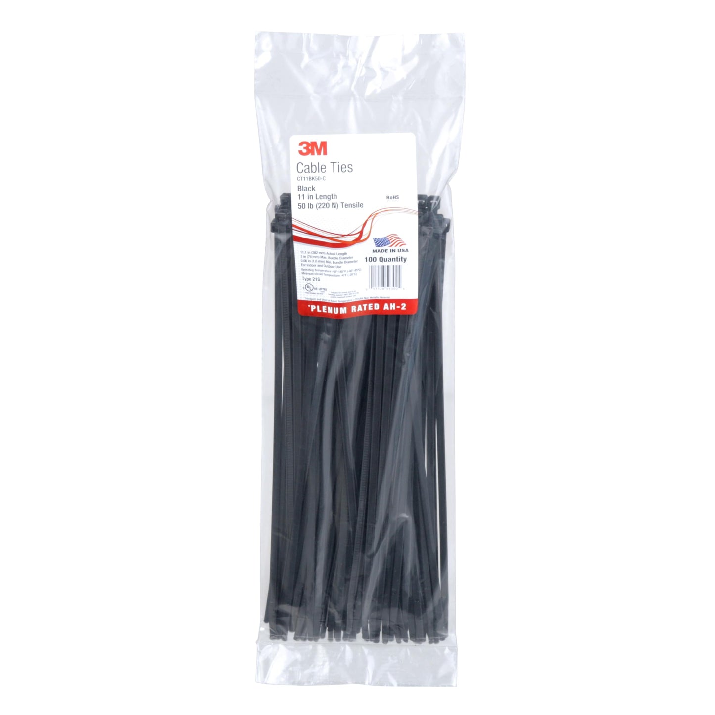 3M Cable Tie CT11BK50-C, Black, 50 lb, 11", Bag of 100 Nylon Cable Ties, Curved tip Allows for Faster Threading and Installation