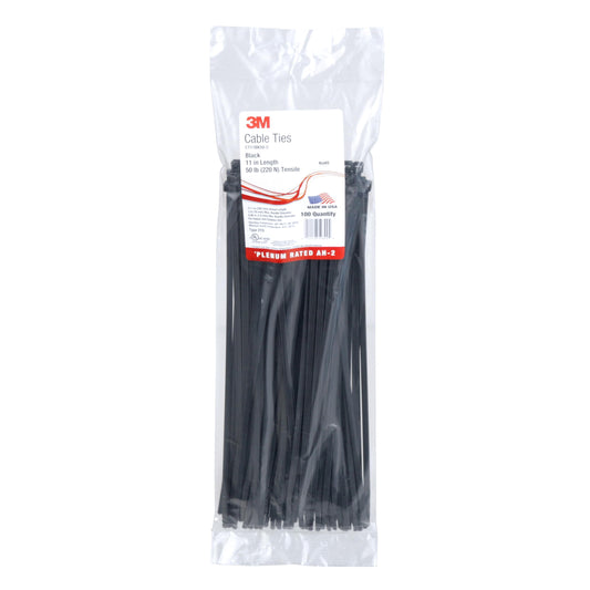 3M Cable Tie CT11BK50-C, Black, 50 lb, 11", Bag of 100 Nylon Cable Ties, Curved tip Allows for Faster Threading and Installation