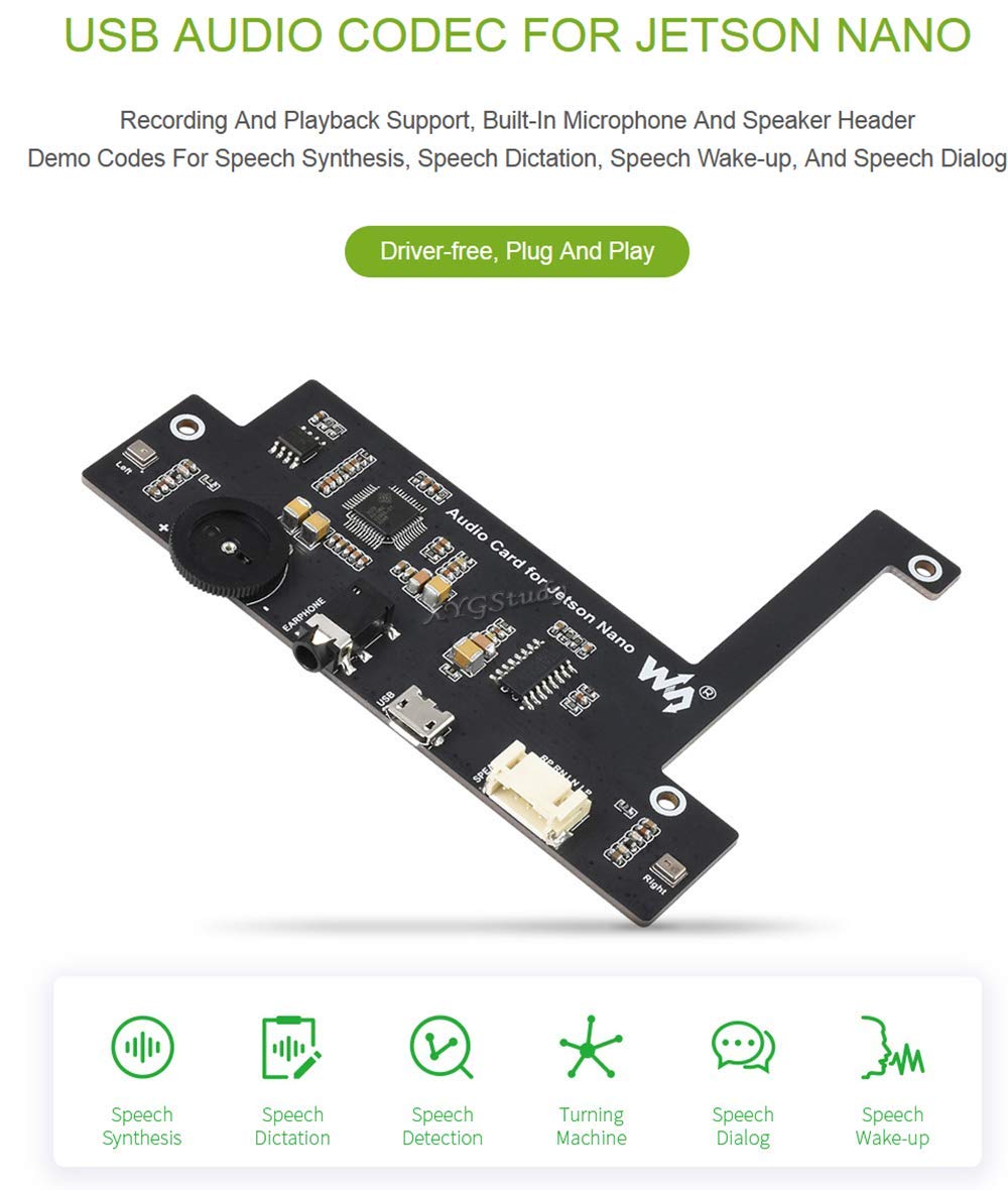 USB Audio Codec for Jetson Nano, USB Sound Card Driver-Free Plug and Play Support Recording and Playback Built-in Microphone and Speaker Header