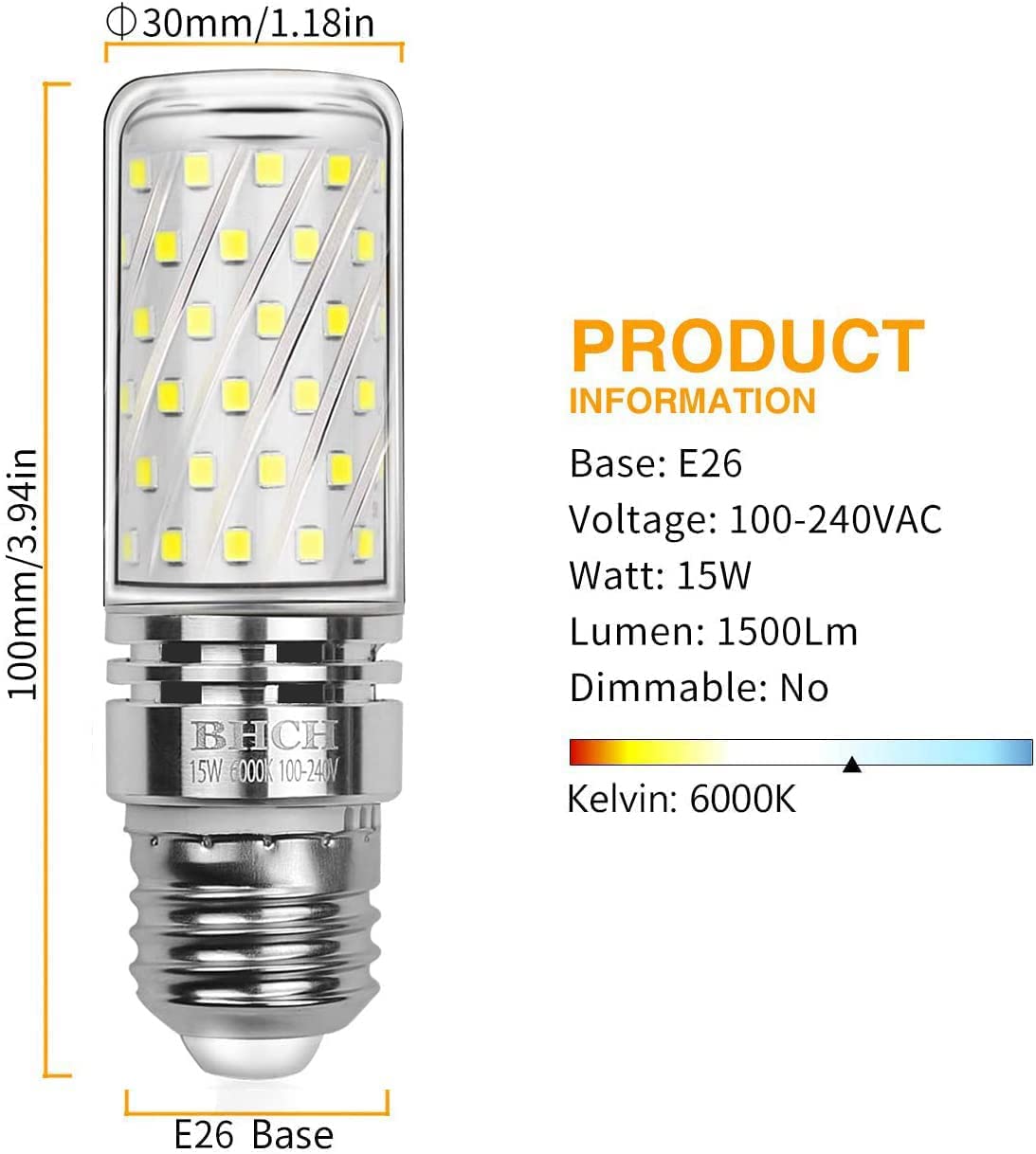 BHCH E26 LED Corn Bulbs 15W, 6000K Daylight White, 1500LM, Edison Screw Base, 120W Incandescent Equivalent, Pack of 4